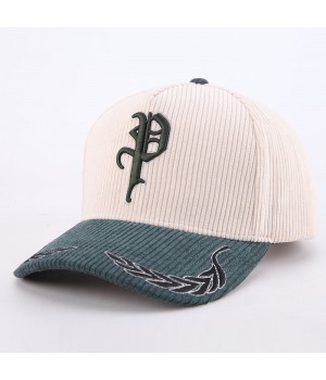 Custom Two Tone Mens Women Baseball Hat 5 Panel Embroidery Logo Green Corduroy Baseball Cap